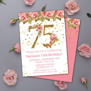 Pink Floral Gold Glitter 75th Birthday Party Invitation