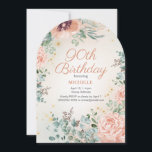 Pink Floral Gold Glitter 90th Arch Shaped Birthday Invitation<br><div class="desc">Pretty pink springtime watercolor floral and green leaves 90th arch-shaped birthday party invitation with gold glitter. Text is an elegant script font. Contact me for assistance with customisation or to request matching or coordinating Zazzle products for your party.</div>