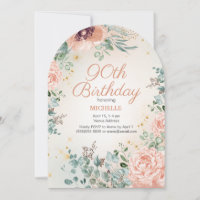 Pink Floral Gold Glitter 90th Arch Shaped Birthday