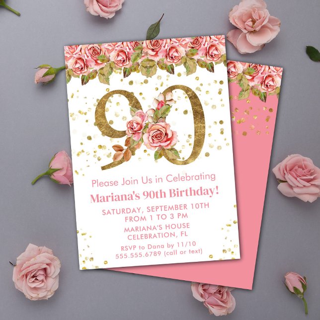 Pink Floral Gold Glitter 90th Birthday Party Invitation (Creator Uploaded)
