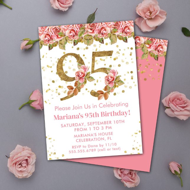 Pink Floral Gold Glitter 95th Birthday Party Invitation (Creator Uploaded)