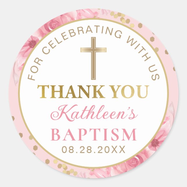 Pink Floral Gold Glitter Baptism Thank You Classic Round Sticker (Front)
