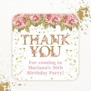 Pink Floral Gold Glitter Birthday Party Favours Square Sticker