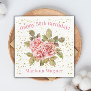 Pink Floral Gold Glitter Birthday Party Napkin