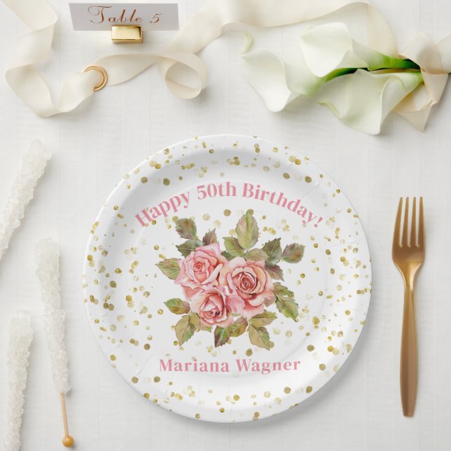 Pink Floral Gold Glitter Birthday Party Paper Plate (Wedding)