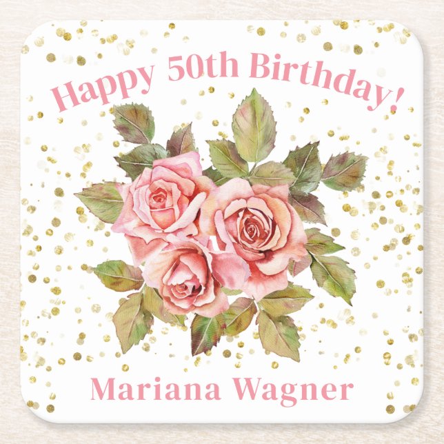 Pink Floral Gold Glitter Birthday Party Square Paper Coaster (Front)