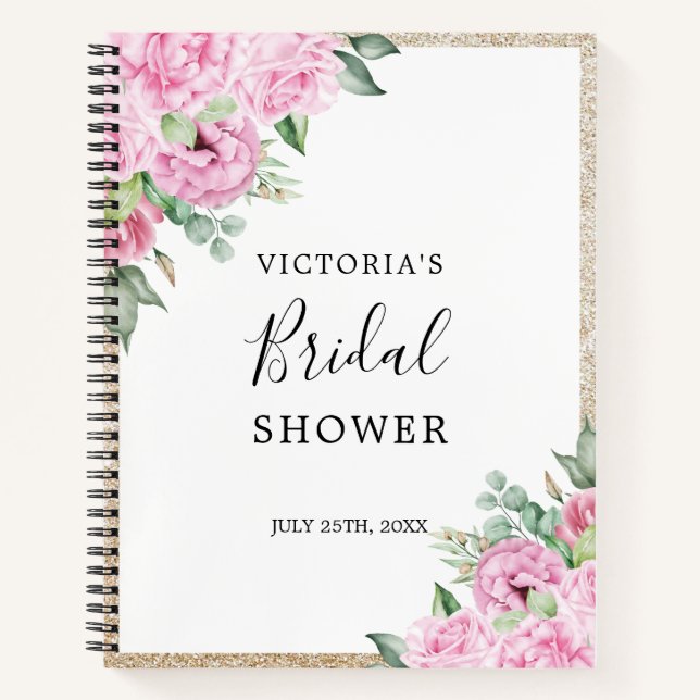 Pink Floral Gold Glitter Bridal Shower Gift List Notebook (Front)