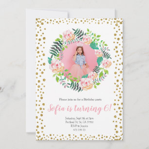 Pink Floral Gold Glitter Confetti Girl Birthday Invitation
