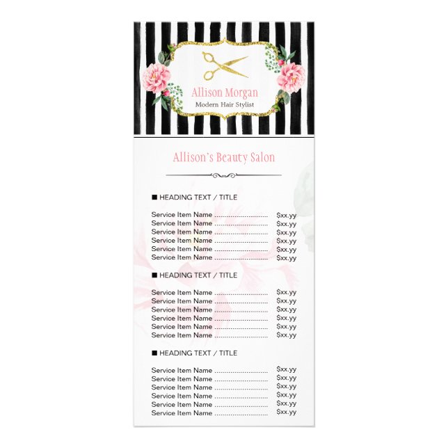 Pink Floral Gold Glitter Hair Salon Price List Rack Card (Front)