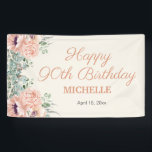 Pink Floral Gold Glitter Happy 90th Birthday Banner<br><div class="desc">Pretty pink springtime watercolor floral and green leaves "Happy 90th Birthday" banner personalised with the name of the guest of honour and her age. Text is an elegant script font. Contact me for assistance with customisation or to request matching or coordinating Zazzle products for your party.</div>