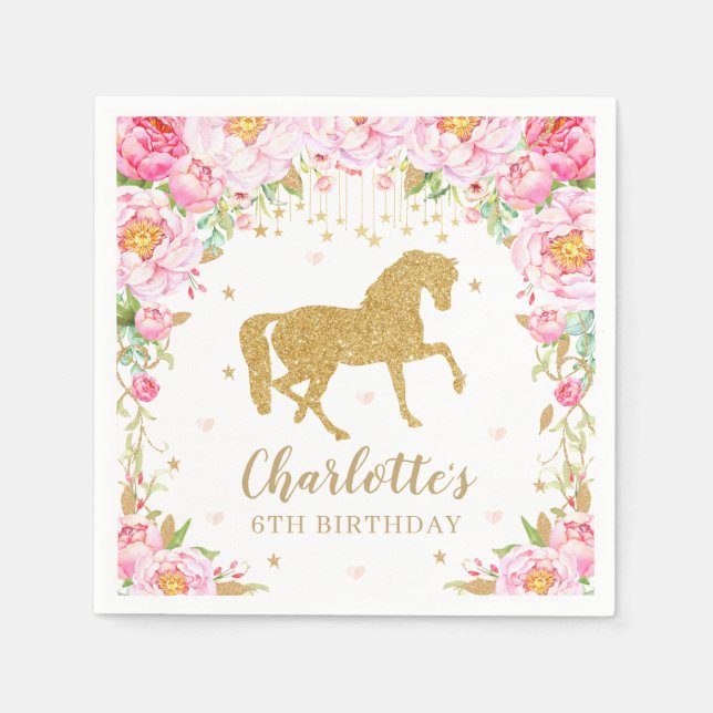 Pink Floral Gold Glitter Horse Birthday Baby Napkin (Front)