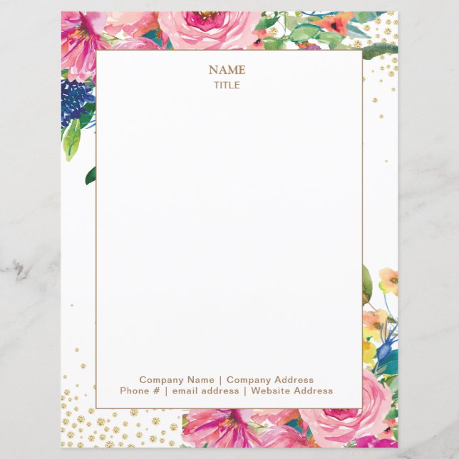 Pink Floral Gold Glitter Letterhead (Front)