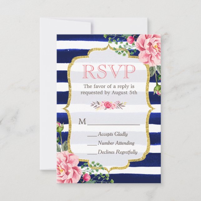 Pink Floral Gold Glitter Navy Blue Striped RSVP Card (Front)