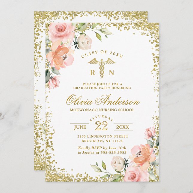 Pink Floral Gold Glitter Nursing School Graduation Invitation (Front/Back)