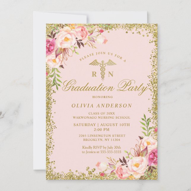Pink Floral Gold Glitter Nursing School Graduation Invitation (Front)