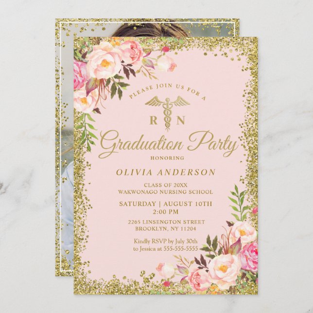 Pink Floral Gold Glitter Nursing School Graduation Invitation (Front/Back)