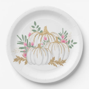 Pink Floral Gold Glitter Pumpkins Fall Wedding Paper Plate