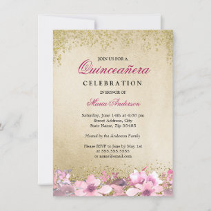 Pink Floral Gold Glitter Shimmer Quinceanera Invitation