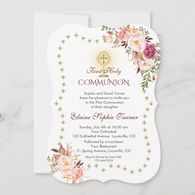 Pink Floral Gold Glitter Sparkles Holy Communion Invitation (Front)