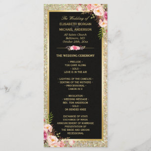 Pink Floral Gold Glitter Sparkling Wedding Program Programme