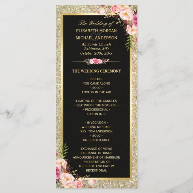 Pink Floral Gold Glitter Sparkling Wedding Program Programme (Front)