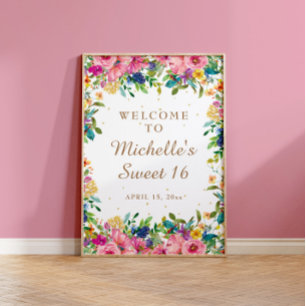 Pink Floral Gold Glitter Sweet 16 Welcome Poster