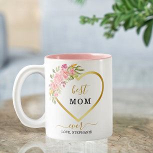 Pink Floral Gold Heart Best Mom Ever Two-Tone Coffee Mug