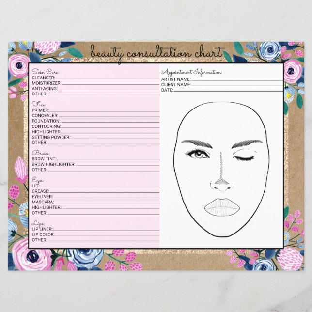 Pink Floral Gold Kraft Paper Beauty Consultation (Front)