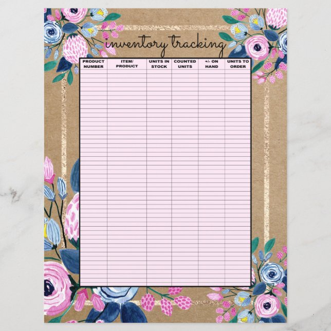 Pink Floral Gold Kraft Paper Business Inventory (Front)