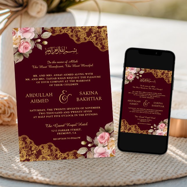 Pink Floral Gold Lace Burgundy Muslim Wedding Invitation (Creator Uploaded)