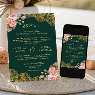 Pink Floral Gold Lace Emerald Green Muslim Wedding Invitation