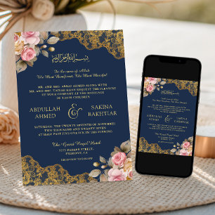 Pink Floral Gold Lace Navy Blue Muslim Wedding Invitation