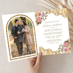 Pink Floral Gold Lace QR Code Photo Wedding Invitation
