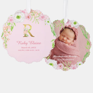 Pink Floral Gold Letter "R" Monogram Birth Stats Tree Decoration Card
