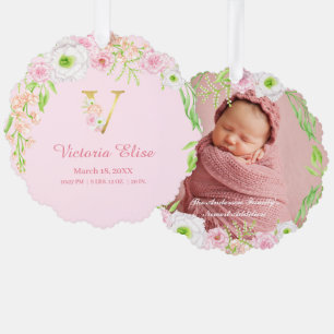 Pink Floral Gold Letter "V" Monogram Birth Stats Tree Decoration Card