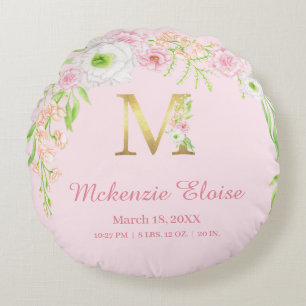 Pink Floral Gold Monogram "M" Baby Girl Stats Round Cushion