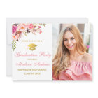 Pink Floral Gold Photo Graduation Party Invitation