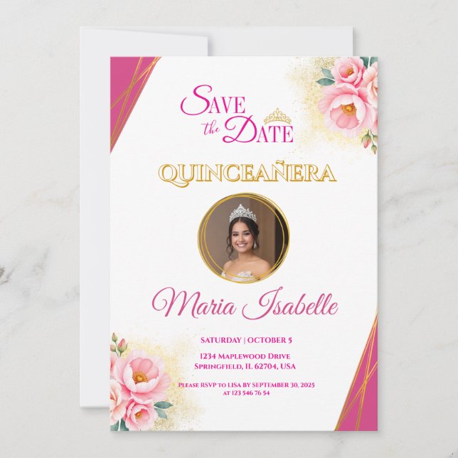 Pink Floral & Gold Quinceañera Save the Date Card (Front)