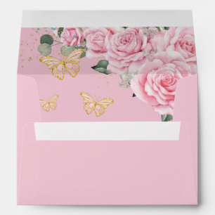 Pink Floral Gold Quinceañera Sweet 16 Butterflies Envelope