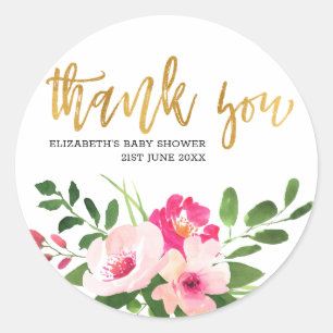 Pink Floral Gold Script  Baby Shower Thank You Classic Round Sticker