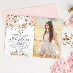 Pink Floral Gold Script Sweet 16 Birthday Photo Invitation<br><div class="desc">Pink Floral Gold Script Sweet 16 Birthday Photo Invitation</div>