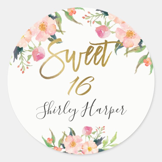 Pink Floral Gold Script Sweet Sixteen 16 Birthday Classic Round Sticker (Front)