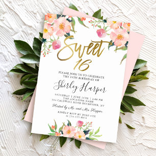 Pink Floral Gold Script Sweet Sixteen 16 Birthday Invitation