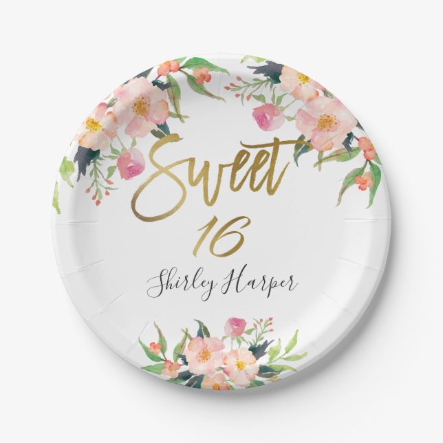 Pink Floral Gold Script Sweet Sixteen 16 Birthday Paper Plate (Front)