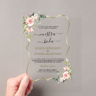 Pink Floral Gold Spanish Calligraphy Nuestra Boda Acrylic Invitations