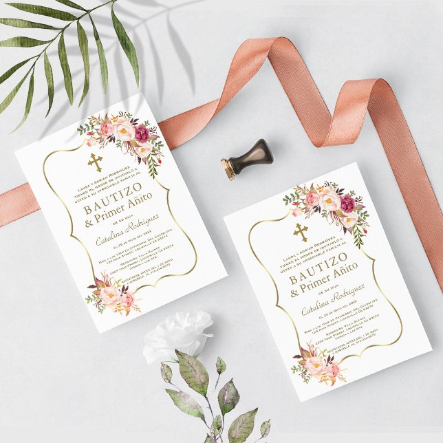 Pink Floral Gold Spanish Girl 1st Birthday Baptism Invitation (Creator Uploaded)