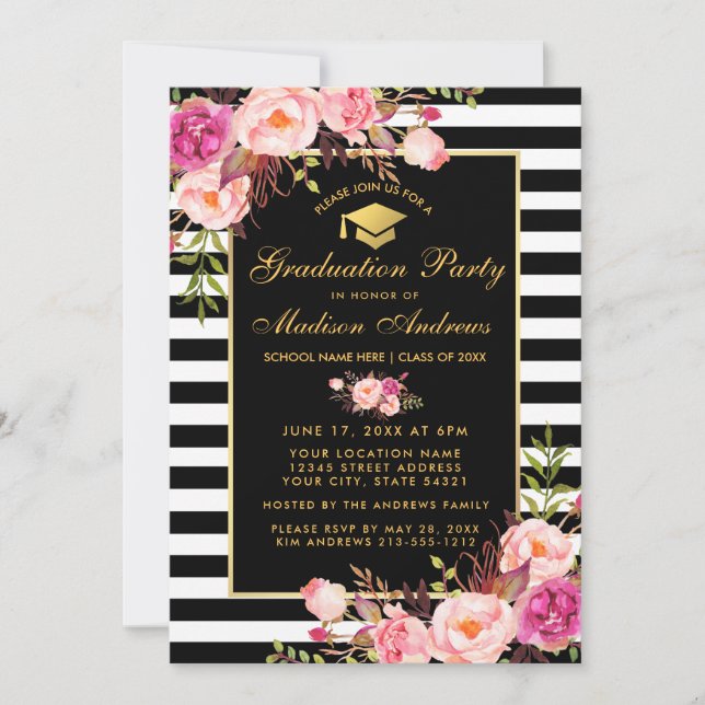 Pink Floral Gold Striped Graduation Party Invite (Front)