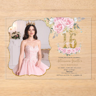 Pink Floral Gold Sweet Sixteen 16th Birthday Photo Acrylic Invitations