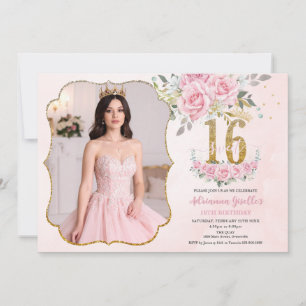 Pink Floral Gold Sweet Sixteen 16th Birthday Photo Invitation