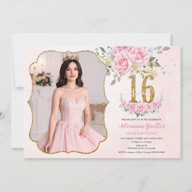 Pink Floral Gold Sweet Sixteen 16th Birthday Photo Invitation (Front)